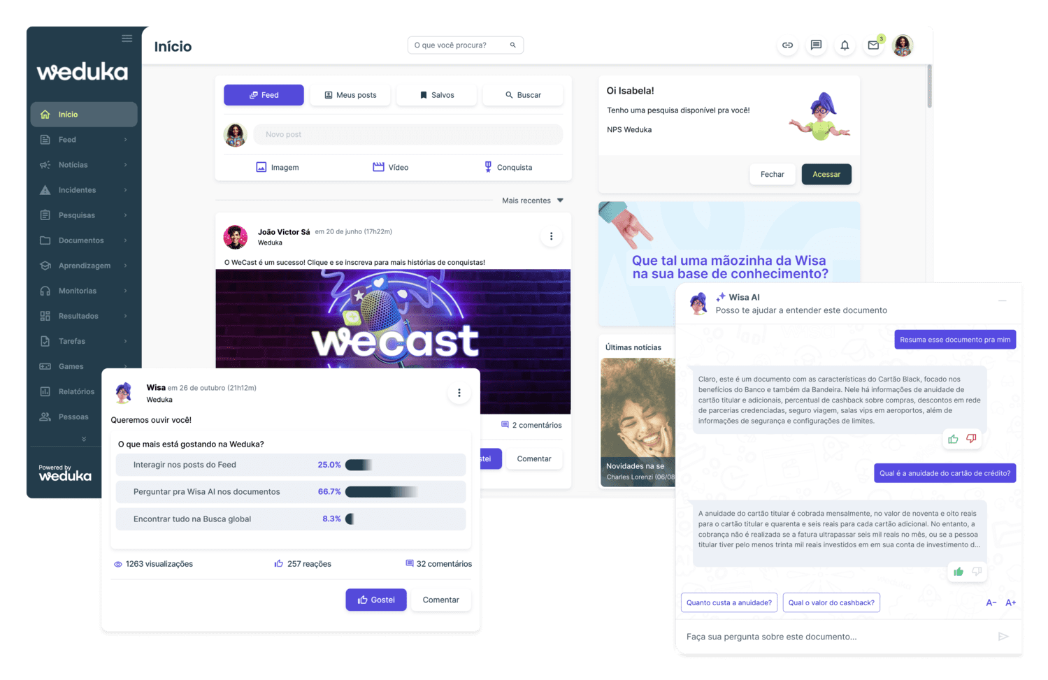 Home da Weduka, com destaque para o feed e solução de inteligência artificial